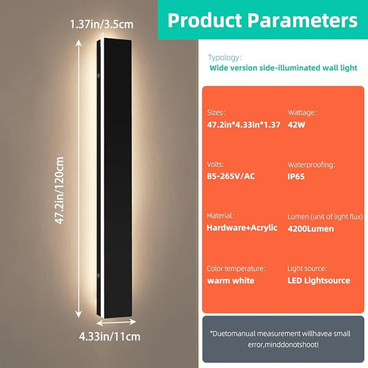 Upgrade Widened 2 Pack 47.2inch Modern Exterior Lighting Fixture, IP65 Waterproof Outdoor Wall Light, 3000K Warm White, 42W, Black Long Strip LED Wall Sconce for Balcony, Yard, Garage