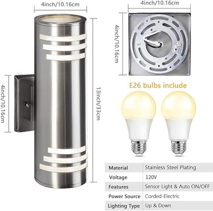 SHIMR Dusk to Dawn Outdoor Wall Light, Exterior Light Fixture Stainless Steel, Outdoor Sconce Lights Cylinder, Waterproof Up and Down Light Wall Mount Electroplated Silverl Finsh, LED Bulbs Include