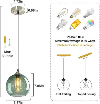 Gray Green Glass Pendant Lights Kitchen Island Lighting Globe Pendant Light Fixtures Modern Pendant Lighting for Kitchen Island Bedroom Living Dining Room Light Fixture(7.87in, 1-Pack)