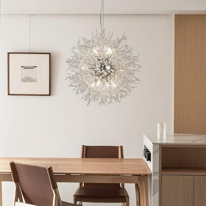 Fireworks Crystal Chandelier, 16-Light Modern Crystal Sputnik Chandeliers, 80W Chrome Dandelion Chandelier Light Fixtures for Living Room Bedroom Dining Room