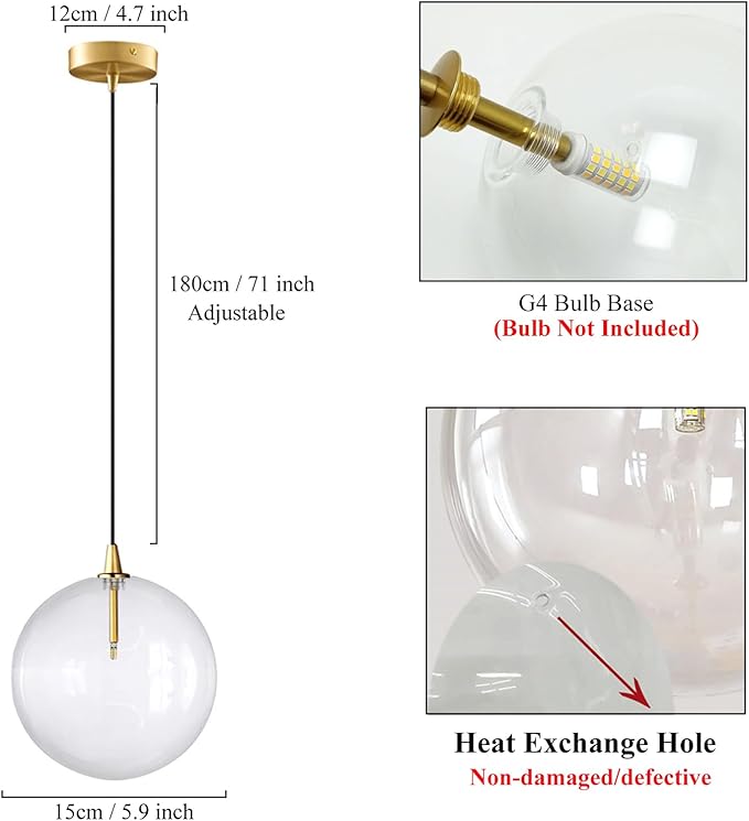 Minimalist Transparent Glass Ball Pendant Light in Gold Finish, Height Adjustable G4 LED Ceiling Haning Light for Dining Room & Living Room (15CM)