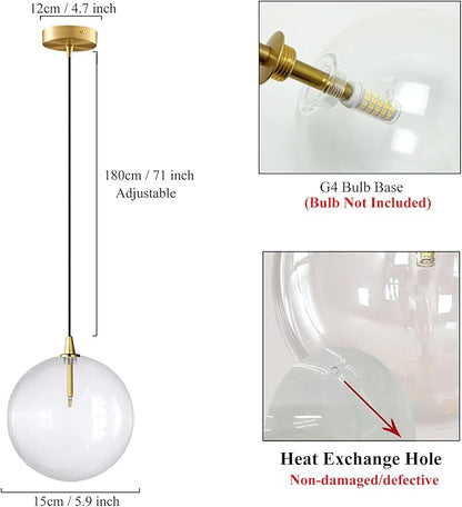 Minimalist Transparent Glass Ball Pendant Light in Gold Finish, Height Adjustable G4 LED Ceiling Haning Light for Dining Room & Living Room (15CM)