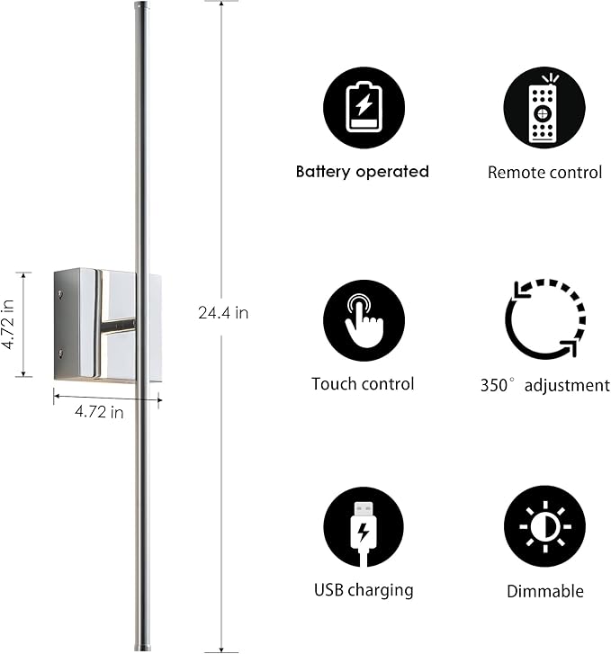 Battery Operated Wall Sconces with Remote Control, Dimmable Wall Sconces Set of Two, 350°Rotate, 3000K LED Chrome Wireless Wall Light for Living Room, Hallway, Bedroom, 24.4 Inch (2 Pack)