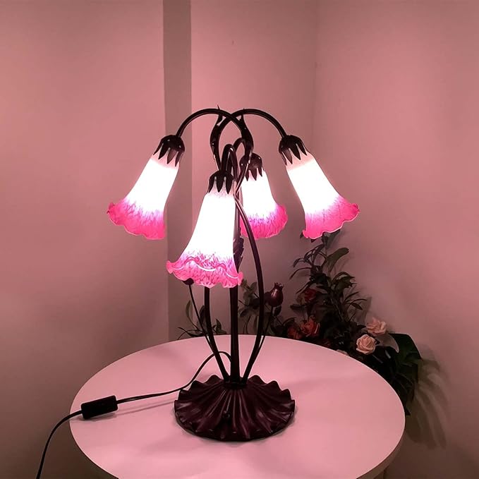 Bieye L10848 Lily Flower Blown Glass Accent Table Lamp for Living Room Bedroom Decoration (4-Light, Pink)