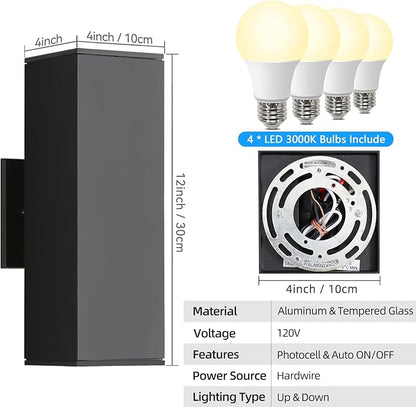 Dusk to Dawn Outdoor Lighting 2 Pack, Modern Outdoor Wall Lights Black Exterior Lighting Fixtures with E26 Base, Waterproof Sconce Outside Lights for House Porch Front Door, Bulbs Included