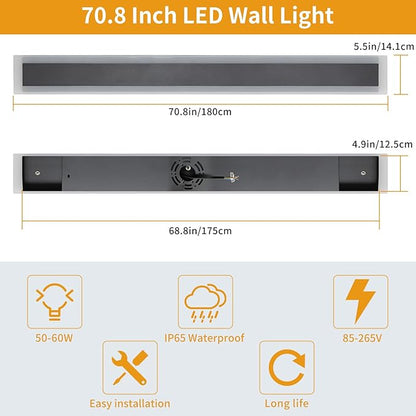 Upgrade Widened 2 Pack Modern Outdoor Wall Light, 71inch Minimalist LED Wall Sconce, 3 Color 3000K/4500K/6000K, 60W, IP65 Waterproof, Black Long Exterior Lighting Fixture for Patio, Garden, Garage