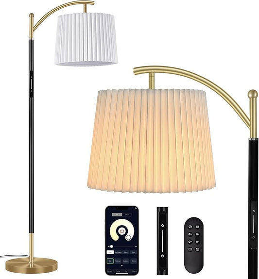 Etto Modern Dimmable Floor Lamp with Fabric & Pleated Shades, Remote & Touch Control, Adjustable Brightness & Color Temperatures, Tall Standing Lamp for Living Room Bedroom Office (Black Gold)