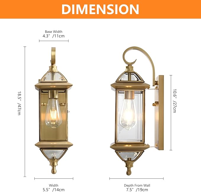 Milaii Outdoor Wall Light with Clear Glass Waterproof Exterior Light Fixtures Oil Rubbed Brass 18.5 inch Copper Wall Mount Lights for for Patio Garage Front Porch (Bulb not Included)