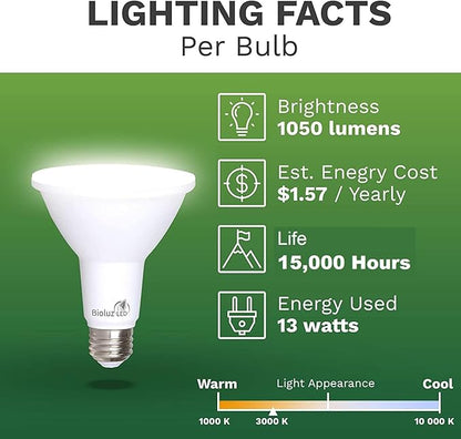 Bioluz LED 4 Pack PAR38 LED Light Bulb 90W Equivalent Using 13W 3000K Soft White 1050 Lumens E26 Base Dimmable Flood Light Bulbs Indoor/Outdoor UL Listed FCC RoAS Compliant High Efficacy LED Bulbs