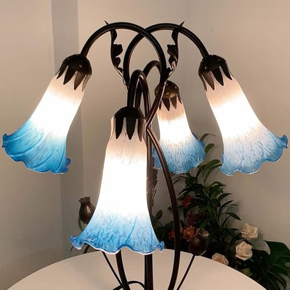 Bieye L10854 Lily Flower Blown Glass Accent Table Lamp for Living Room Bedroom Decoration (4-Light, Blue)