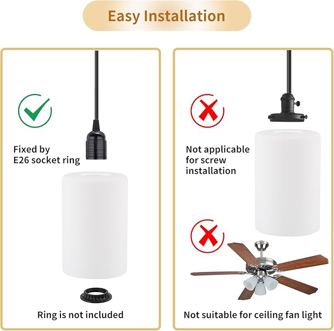 2 Pack Frosted Opal White Glass Lamp Shade, Lip-less Cylinder Glass Light Fixture Cover, Replacement Globe for Chandelier, Pendant, Vanity Light