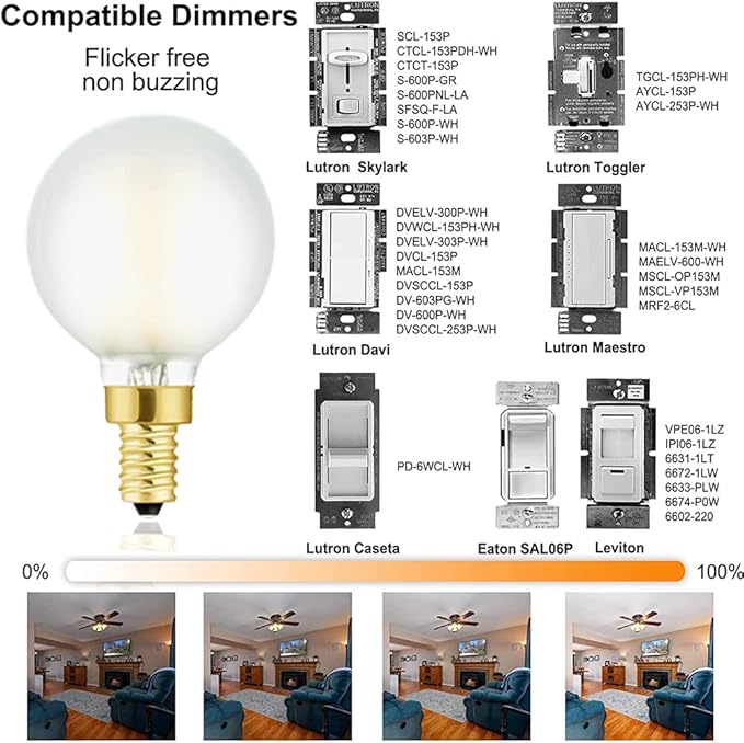 Leools G16.5 Light Bulb,6W E12 LED Bulb dimmable Equivalent E12 Candelabra Bulb 60 Watt,Warm White 2700K,Frosted Glass,600lm,CRI90+,AC120V,Edison Style,Clear Glass,ETL Listed,Pack of 6