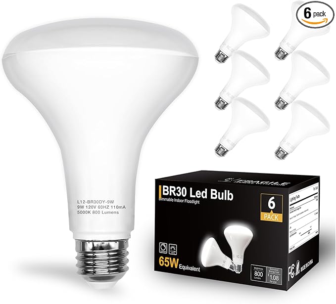 DAYBETTER BR30 LED Light Bulbs Indoor Flood Light, 6Pack 5000K Daylight White LED Bulb 65W Equivalent, Dimmable, E26 Base, 800LM, Recessed Can Bulb for Living Room Bedroom Dining Room Bathroom