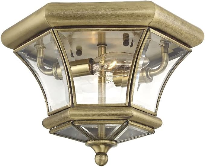 Livex Lighting 7052-04 Monterey 2 Light Outdoor/Indoor Black Finish Solid Brass Flush Mount with Clear Beveled Glass