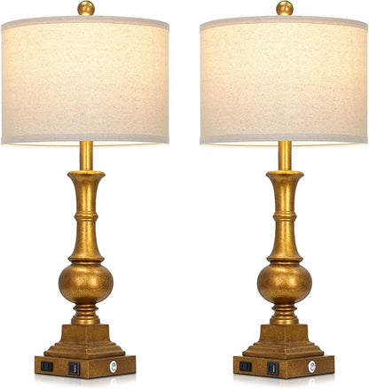Farmhouse Table Lamps for Living Room, 26" Vintage Table Lamp Set of 2 with USB A+C Charging Ports & AC Outlets, Touch Control 3-Way Dimmable Rustic Bedside Nightstand Lamps for Bedroom Gold Brass