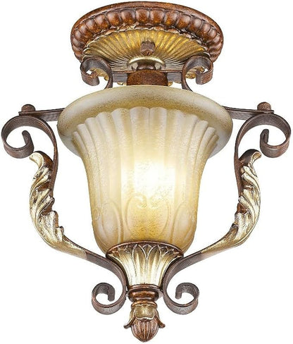 Livex Lighting 8578-63 Villa Verona 1 Light Verona Bronze Finish Flush Mount with Aged Gold Leaf Accents and Rustic Art Glass