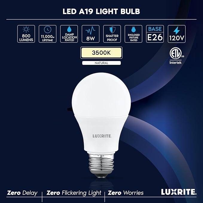 LUXRITE A19 LED Light Bulb 60 Watt Equivalent, Non-Dimmable, 3500K Natural White, 800LM, Standard LED Light Bulbs 8W, E26 Base, Enclosed Fixture Rated, Damp Rated, ETL Listed (16 Pack)