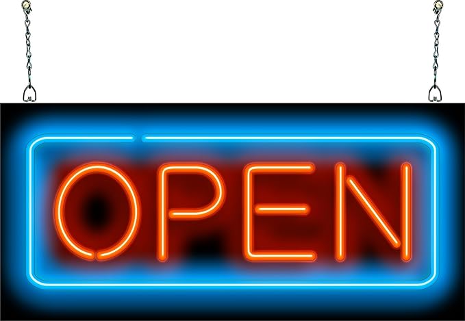 Compact Red & Blue Open Neon Sign - 24" wide x 11" high - Real, Quality Hand Bent Neon Sign - Bright Red Letters with a Blue Outer Border