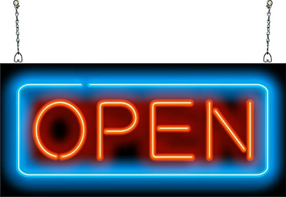 Compact Red & Blue Open Neon Sign - 24" wide x 11" high - Real, Quality Hand Bent Neon Sign - Bright Red Letters with a Blue Outer Border