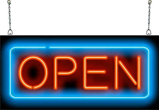 Compact Red & Blue Open Neon Sign - 24" wide x 11" high - Real, Quality Hand Bent Neon Sign - Bright Red Letters with a Blue Outer Border