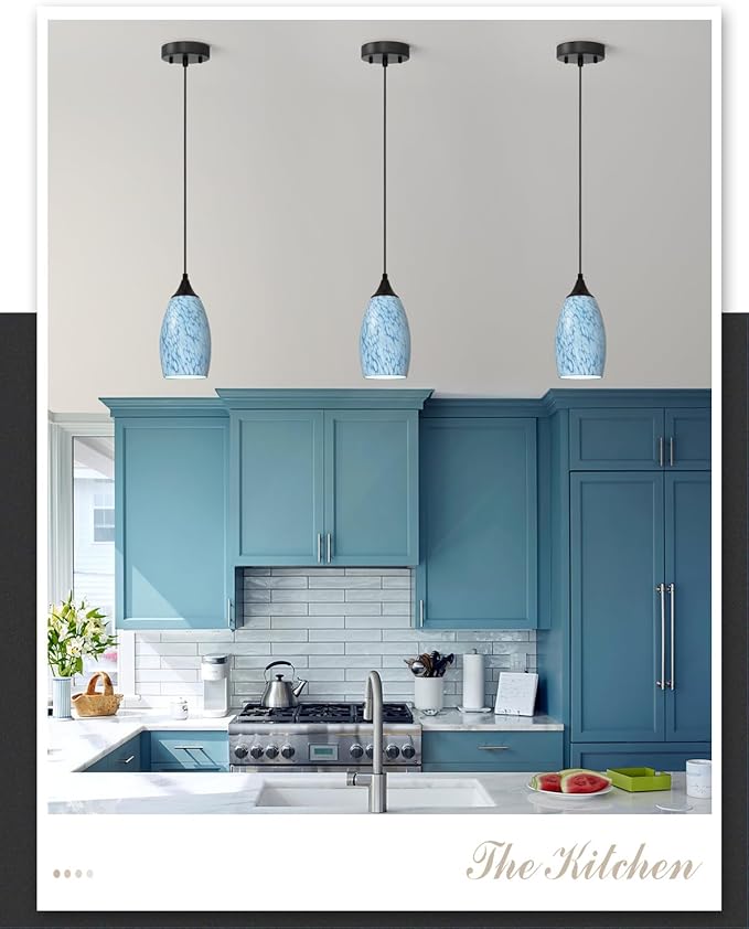 ANYLOVE Vintage Art Blue-White Pendant Lighting,1-Pack Hand Glass Hanging Light Fixture,Adjustable Cord for Kitchen,Hallway,Dining Room