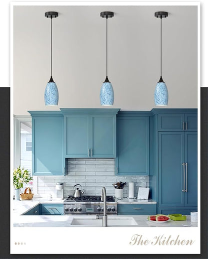 ANYLOVE Vintage Art Blue-White Pendant Lighting,1-Pack Hand Glass Hanging Light Fixture,Adjustable Cord for Kitchen,Hallway,Dining Room