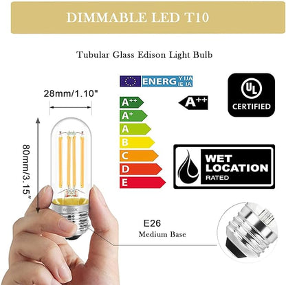 3.2 Inch E26 LED Bulb 60 Watt Equivalent, 3000K Warm White Edison Bulbs Dimmable, AC 120V 600LM T10/T9 Clear Glass Filament Light Bulbs for Pendant Wall Pipe Lights UL Certified-4 Pack