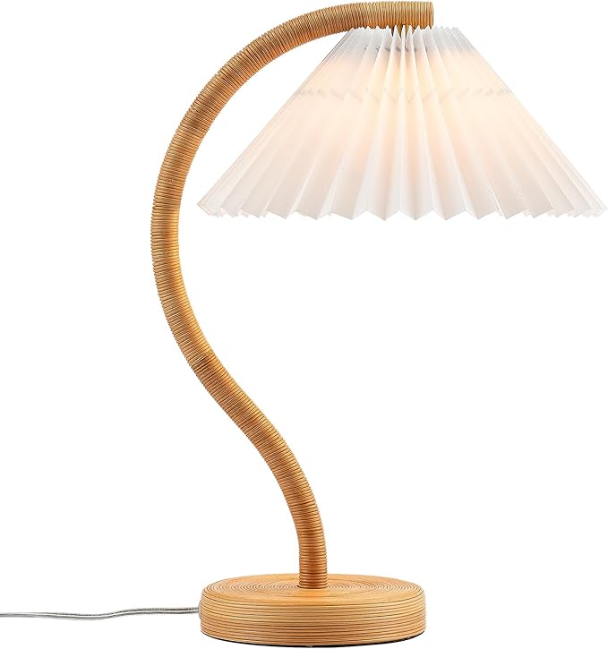 Boho Hand Woven Rattan Table Lamp with White Fabic Shades Plug in and Play Gooseneck Table Light for Bedside Living Room Bedroom Office