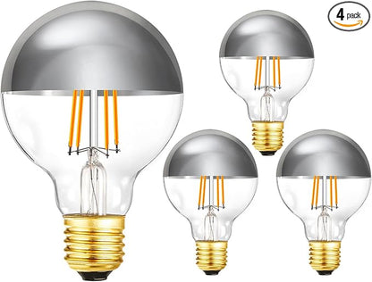 Leools Half Chrome Light Bulb 6W (60W Equivalent) Dimmable LED Edison Bulb G80/G25 Globe Shape Decorative LED Bulb Half Gold Reflected Light 3000K Soft White CR90 E26 Base Pack of 4
