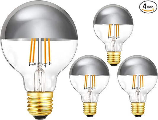 Leools Half Chrome Light Bulb 6W (60W Equivalent) Dimmable LED Edison Bulb G80/G25 Globe Shape Decorative LED Bulb Half Gold Reflected Light 3000K Soft White CR90 E26 Base Pack of 4