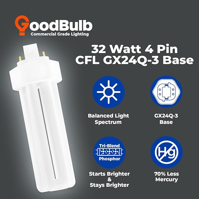 GoodBulb 32 Watt CFL Light Bulbs 4 Pin GX24Q-3 Base 5000K Daylight 32W High Output 2400 Lumens Triple Tube Compact Fluorescent Light Bulbs Plug-in 10 Pack