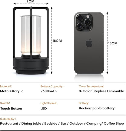 Cordless Portable LED Table Lamp, Rechargeable Battery Operated Desk Lamp with Touch Sensor, 3-Way Dimmable Suitable for Bars/Cafes/Restaurants/Bedrooms/Camping (Black)