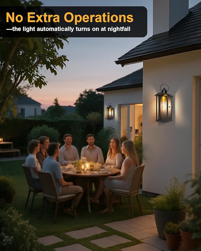 Dusk to Dawn Outdoor Wall Light Fixtures, 15inch Waterproof Patio Lanterns, Exterior Wall Mount Lantern Sconce with Glass, Black Wall Sconces for House Garage Front Door
