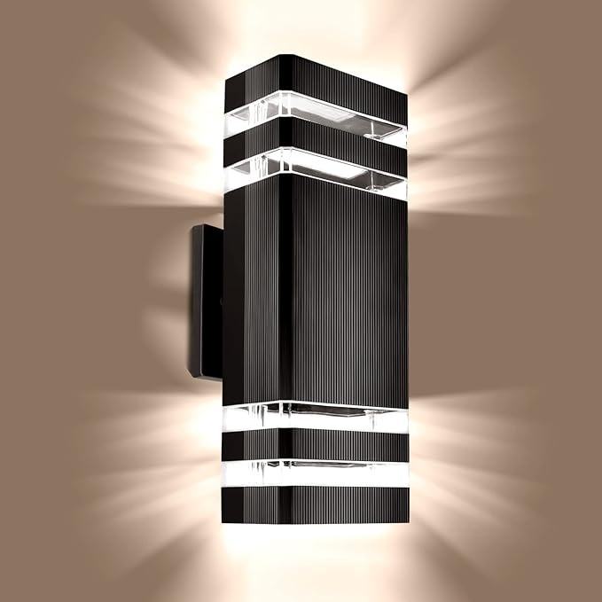 Outdoor Wall Light Dusk to Dawn, Exterior Sconce Lighting Fixture, Up and Down Porch Light Waterproof Aluminum Square PC and Tempered Glass Cover 3000k 7W 2Pack Black Certificate ETL