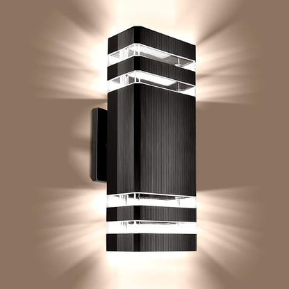 Outdoor Wall Light Dusk to Dawn, Exterior Sconce Lighting Fixture, Up and Down Porch Light Waterproof Aluminum Square PC and Tempered Glass Cover 3000k 7W 2Pack Black Certificate ETL