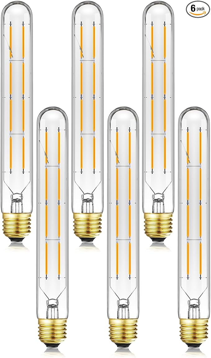 T10 Tubular Light Bulbs,E26 Dimmable Led Bulbs,8W Led Edison Bulb,75 Watt Equivalent,3000K Soft White,8.9 Inches Long Tube Light Bulb,6Pack.