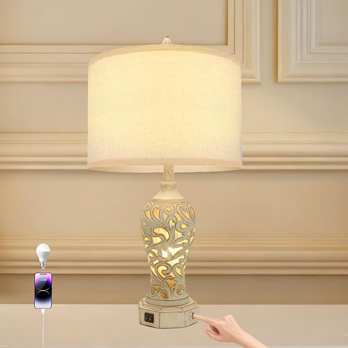 Bedside Lamps, Stepless Dimming, 3 Color Temperatures, Bedroom Lamps for Nightstand, Table Lamp with USB Port, Living Room Table Lamp, Farmhouse Lamps for Living Room(Bulbs Included)