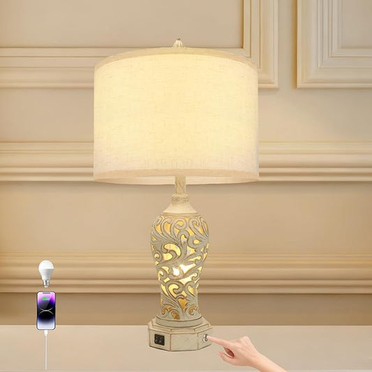 Bedside Lamps, Stepless Dimming, 3 Color Temperatures, Bedroom Lamps for Nightstand, Table Lamp with USB Port, Living Room Table Lamp, Farmhouse Lamps for Living Room(Bulbs Included)