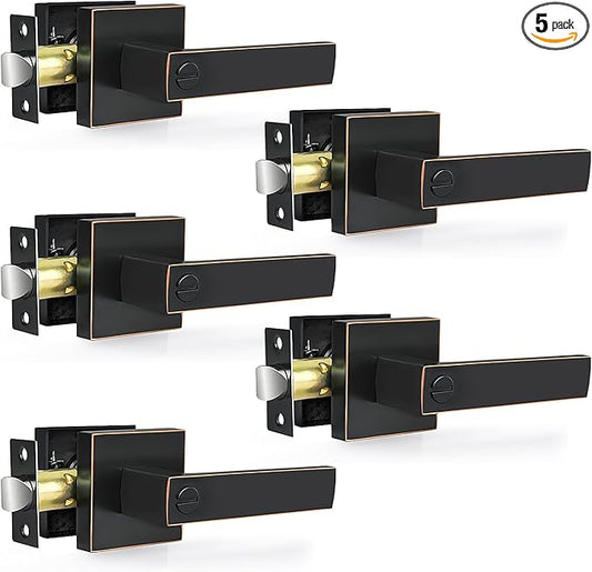 Privacy Door Levers, 5 Pack Oil Rubbed Bronze Door Handles Interior Heavy Duty Bed and Bath Keyless Door Locksets, Reversible for Left Right Handed Doors