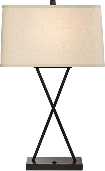 Franklin Iron Works Megan Modern Table Lamps 26.5" High Set of 2 with Hotel Style USB Charging Port LED Bronze Metal Rectangular Fabric Shade for Living Room Bedroom House Bedside Nightstand Home