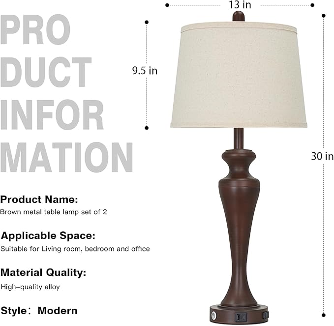 30" Brown Touch Table Lamps Set of 2, 3-Way Bedside Lamp with USB A+C Ports and AC Outlet, Tall Living Room Lamps for End Table, Modern Metal Bedroom Lamp for Night Stand