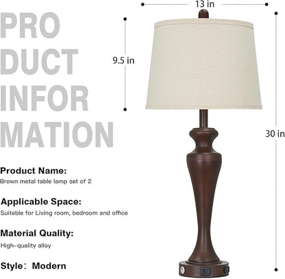 30" Brown Touch Table Lamps Set of 2, 3-Way Bedside Lamp with USB A+C Ports and AC Outlet, Tall Living Room Lamps for End Table, Modern Metal Bedroom Lamp for Night Stand