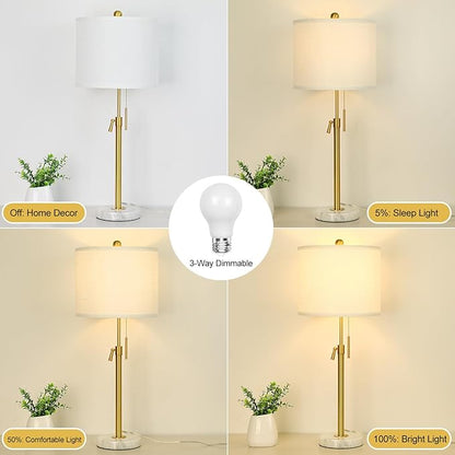 Table Lamps for Bedrooms Set of 2, 22" to 30" Height Adjustable Nightstand Lamps with Linen Shade, Pull Chain Switch Lamps for Living Room, 3 Way Dimmable Beside Lamp