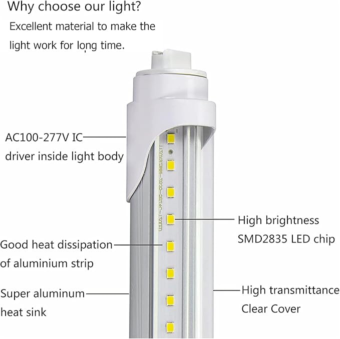 4FT T8 LED Tube Lights,36W 3600lm,Daylight White 5000K,R17d Base,45.8 inches End to End,60W F48T12 CW HO Fluorescent Bulb Replacement,Ballast Bypass,Dual-Ended Power for Sign,Shop,Pack of 6