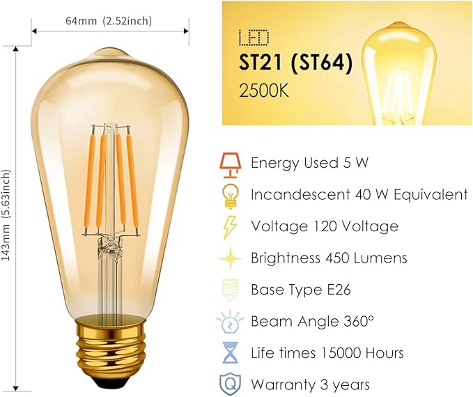 LVWIT Vintage Edison Light Bulb ST21 LED Filament Bulb 5.5W(40 Watt Equivalent) Dimmable 2500K (Amber Glow) Warm White E26 Medium Base, Amber Glass Cover,6 Pack