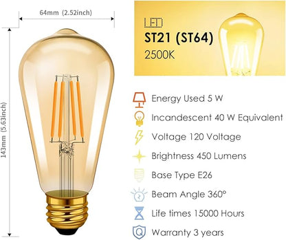 LVWIT Vintage Edison Light Bulb ST21 LED Filament Bulb 5.5W(40 Watt Equivalent) Dimmable 2500K (Amber Glow) Warm White E26 Medium Base, Amber Glass Cover,6 Pack