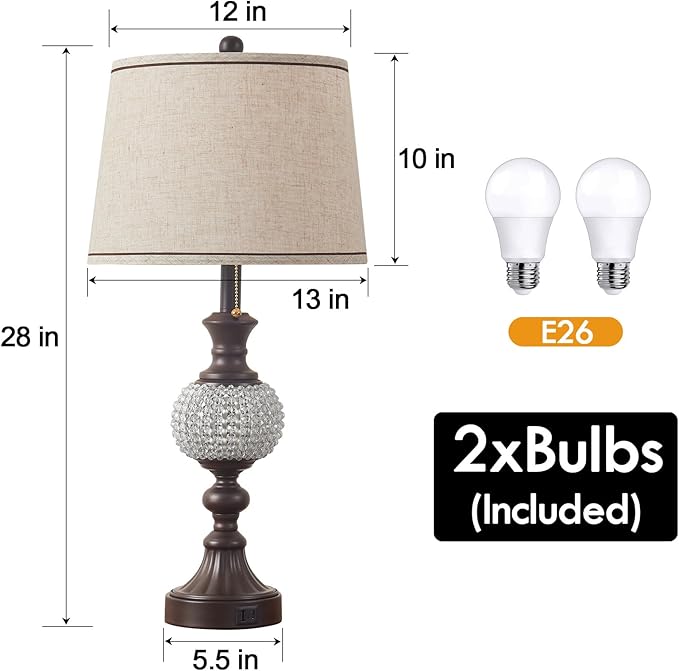28" Set of 2 Farmhouse Table Lamps for Living Room, Rustic Nightstand Lamp with USB +C Charging Ports and Crystal Balls Decor for Bedroom End Tables Entryway (Included 2 Bulbs)