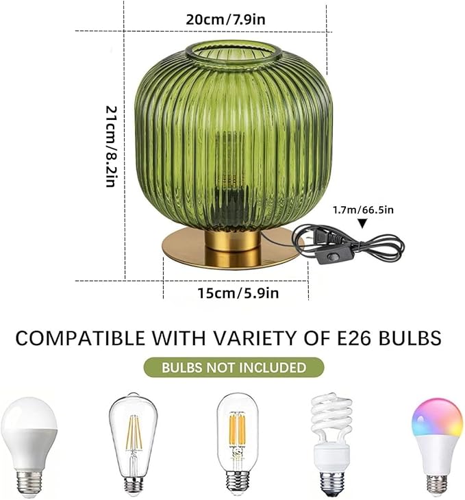 NKU Vintage Green Hand-Blown Ribbed Glass Table Lamp - Mid-Century Glare-Free Eye-Care Bedside Light for Bedroom Nightstand, Living Room, Office, Bookshelf & Corner