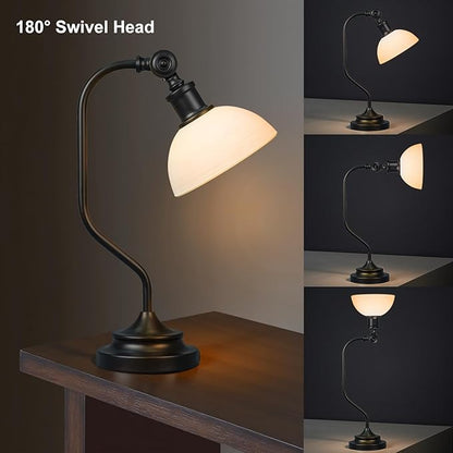 Cordless Vintage Bankers Table lamp, 5200-mAh Rechargeable Battery, 3-Level Brightness, Build-in Integrated LED 320 Lumen Max, Half-Globe Glass Shade, for Bedside Desk Nightstand Light