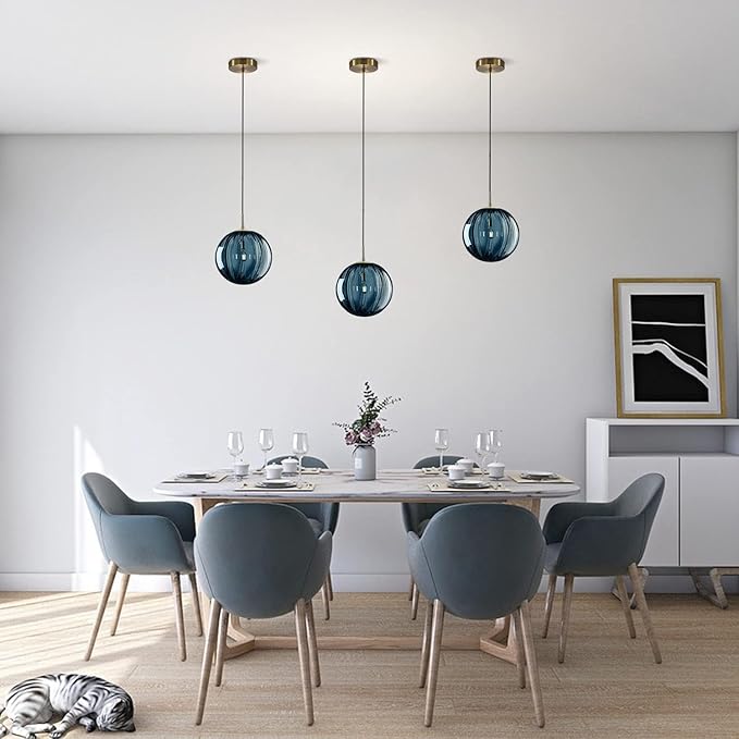 KCO Lighting Glass Globe Pendant Light Single Blue Pendant Lights Kitchen Island Brushed Gold Hanging Light Fixture Mid Century Retro Hanging Lamp Vintage Striped Pendant Light